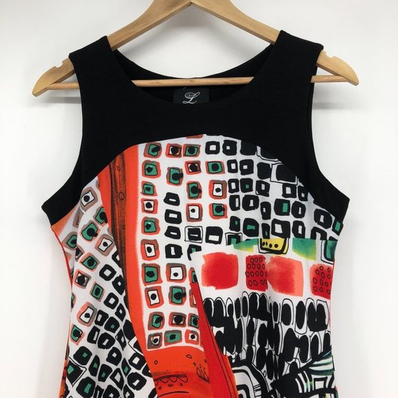 Libra Bright Orange and black abstract geometric print sleeveless midi dress Med - Picture 3 of 14